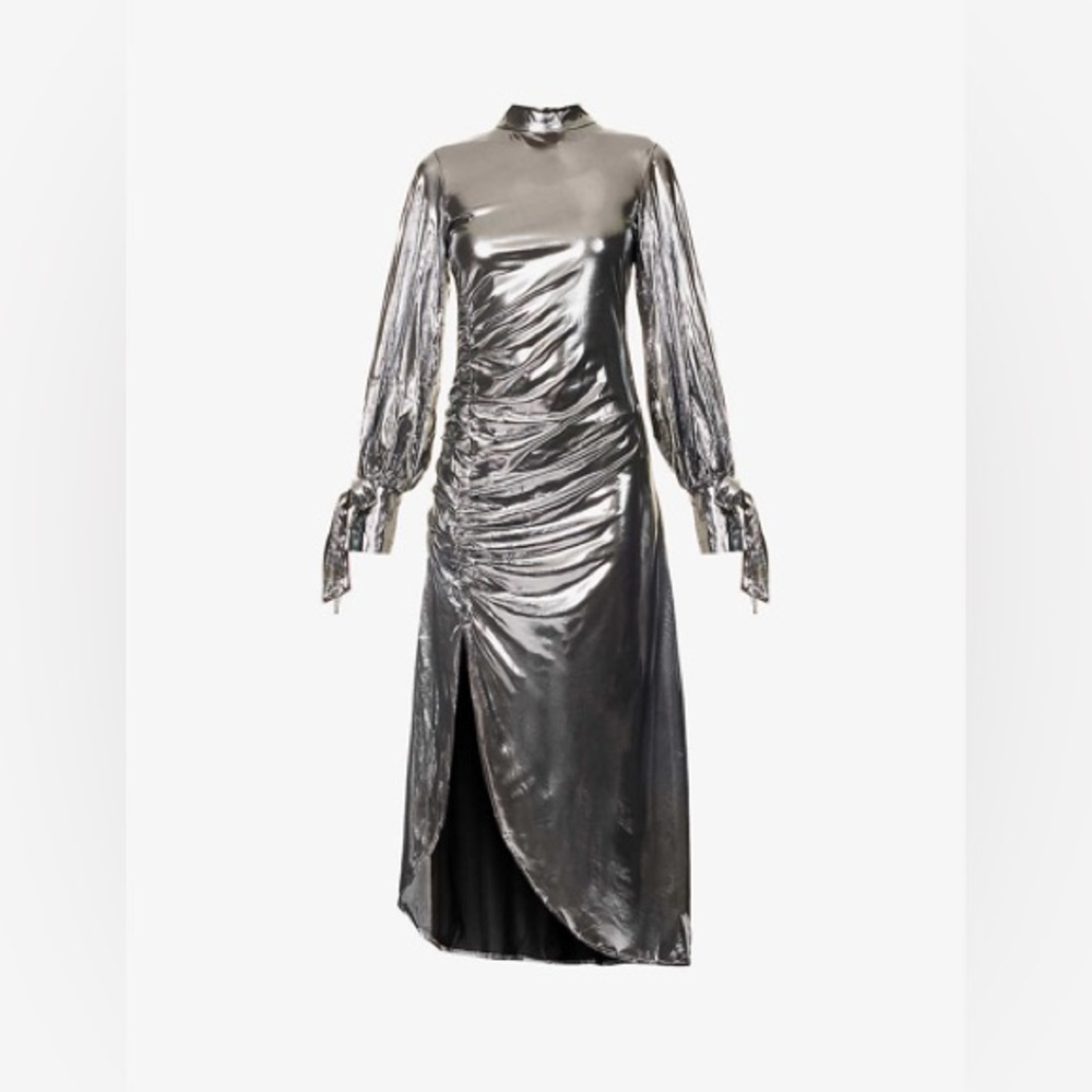 AMY LYNN Stormi Long Puff Sleeved Stretch Cotton Midi Dress Silver Metallic